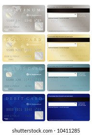 Generic credit and debit cards, front and back.