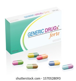 Generic drugs, pills box with colorful capsules. Symbolic for harmful counterfeit pills, risk and danger of cheap or illegal produced and sold pharmaceuticals. Isolated vector on white.
