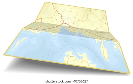 Generic editable vector illustration of a folding coastline map