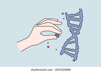 Generic engineering science research concept. Human hand holding putting cells to human dna structure ober blue background vector illustration 