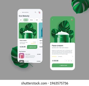 Generic and fictional mobile application for online shopping with interface elements, bright 3d illustration of creme jar with palm leaves