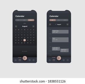 Concepto visual de aplicación móvil genérica y ficticia para calendario con horario de reuniones para días de día y mes con barra de pestañas y botón flotante, pantallas de modo oscuro
