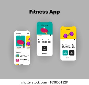 Generic and fictional user interface for fitness application with different workouts 3d isometric illustrations and timer with heart rate, ping pong and strength exercise, bright concept