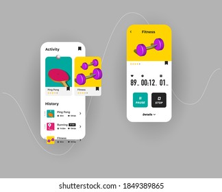 Generic and fictional user interface for fitness application with different workouts 3d isometric illustrations and timer with heart rate, bright modern visual concept