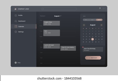 Generic and fictional web or tablet application interface for calendar with schedule meetings in dark mode with menu and company logo design