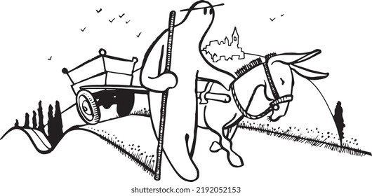 A Generic Figure Taking a Long Journey Down a Road with a Donkey Cart
