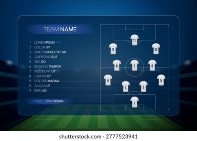 Generic football lineup vector template featuring stadium background with light effects strategic formation and editable placeholder text for sports broadcast.
