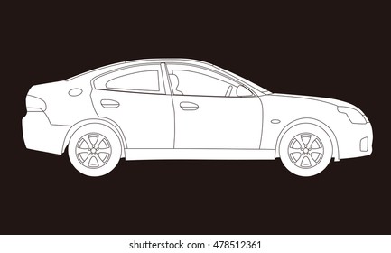 Generic four door sedan car side view, line drawing illustration