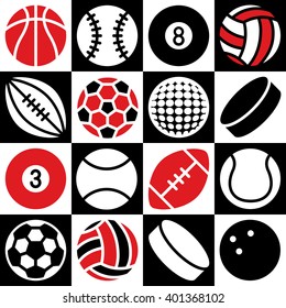 Generic Game Ball Icons On A Red, Black And White Checkered Background. Can Also Be Used As A Seamless Pattern.