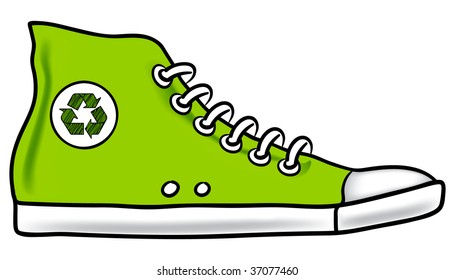 Generic green illustration of running shoe with recycle symbol encouraging you to choose walking instead of driving to reduce your carbon footprint