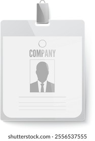 Generic identification card hanging with a metallic clip, featuring a company logo, the silhouette of a businessman, and empty lines for personal information