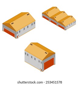 Generic industrial factory and storage buildings. Isometric Warehouse and Factory Buildings. Production and storage facilities.