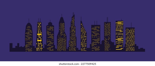 Generic isolated big city night lights skyline. Urban landscape design. Vector city background.