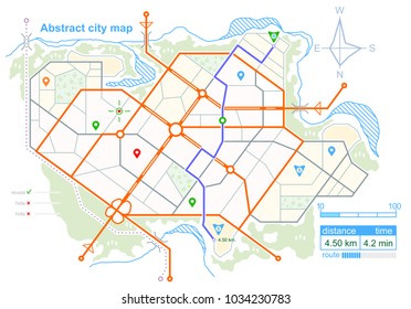 Generic map of an imaginary city, with the specified road route. Scheme of town streets on the plan. Navigation icons and GPS dashboard. Stock vector