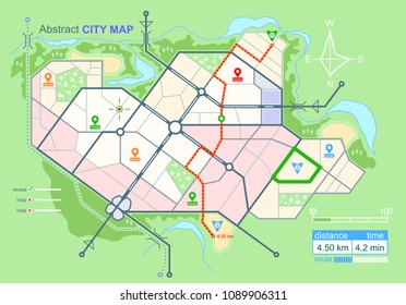 Generic map of an imaginary city, with the specified road route. Scheme of town streets on the plan. Navigation icons and GPS dashboard. Stock vector