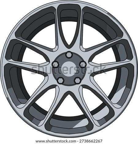 Generic modern alloy wheel vector with detailed inner depth and symmetrical spoke layout. Minimalistic cartoon style, perfect for car modification posters, tuning shop graphics, or automotive UI elements.