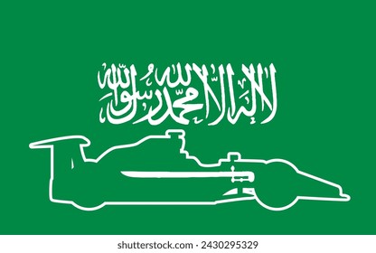 A generic motorsport racing car car set into the Saudi Arabia flag as a background