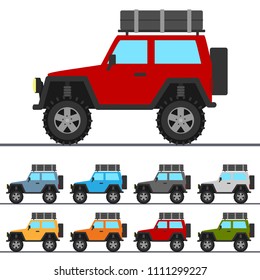 Generic Off-Road Car with a Spare Tyre and a Luggage Rack Colorful Vector Set