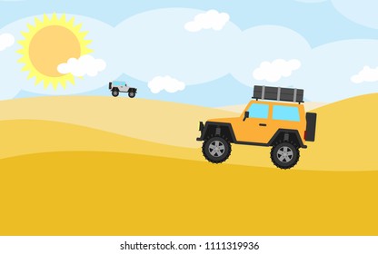 Generic Off-Road Car with a Spare Tyre and a Luggage Rack on the Sandy Desert Vector