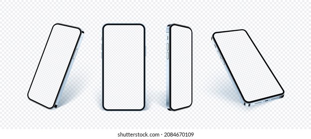 Generic phone mockup set, realistic 3d smartphone with transparent screen isolated. Mobile cell mock up to show your app or web design, or use for advertisement. 