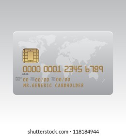 Generic plastic credit card with chip and global map background illustration