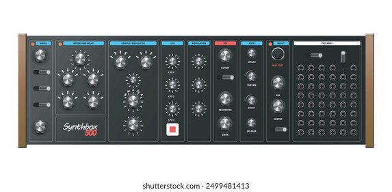 Generic semi modular synthesizer, realistic vector, shiny aluminium knobs