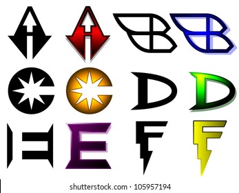 Generic set of letters a through f in superhero or sports team graphic treatment