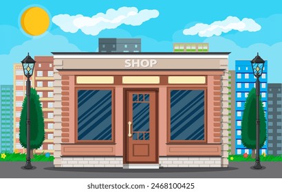 Generic shop exterior on the city street. Wooden and bricks material. Commercial, property. Cityscape, buildings, sun, clouds. Vector illustration in flat style