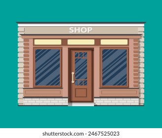 Generic shop exterior. Wooden and bricks material. Commercial, property. Vector illustration in flat style