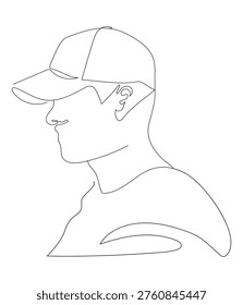 Generic side profile of a man wearing a baseball cap and a basic white tee shirt hand drawn in a continuous one line drawing style. Minimalistic aesthetic abstract portrait of a male. Vector illustration EPS 10.