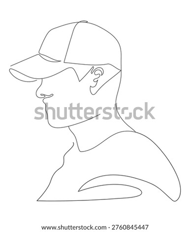Generic side profile of a man wearing a baseball cap and a basic white tee shirt hand drawn in a continuous one line drawing style. Minimalistic aesthetic abstract portrait of a male. Vector illustration EPS 10.