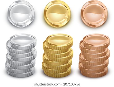 Generic silver, gold, and copper coins.