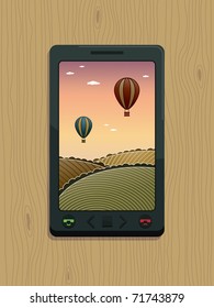 generic smart phone with hot air balloon picture on wood background