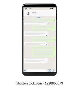 Generic smart phone with mockup of chat messenger app screen and desktop background