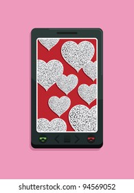 generic smart phone with silver glitter hearts screen on pink background