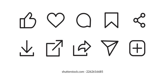 generic social media user interface icons. Like, comment, share save icons. Arrow line flat icons set, editable stroke isolated on white, linear vector outline illustration, symbol logo design style