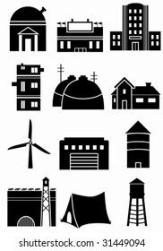 Generic Structure Icons : Set of generic black and white building symbols representing different types of man-made structures.