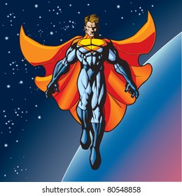 Generic superhero figure floating above a planet.