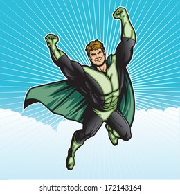 Generic superhero figure flying in the sky.  Layered & easy to edit. See portfolio for similar images.