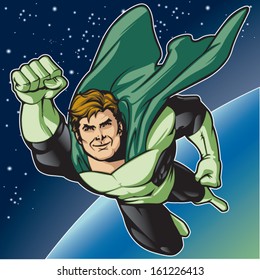 Generic superhero figure flying in space.  Layered & easy to edit. See portfolio for simular images.