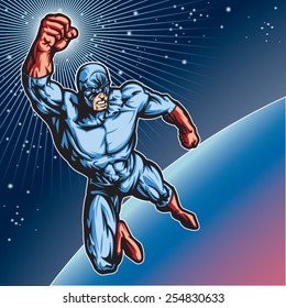 Generic superhero figure flying in space.  Layered & easy to edit. See portfolio for similar images.