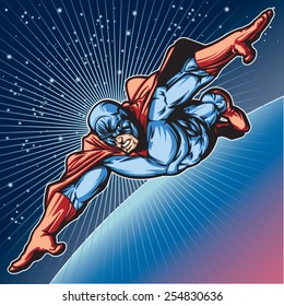 Generic superhero figure flying in space.  Layered & easy to edit. See portfolio for similar images.