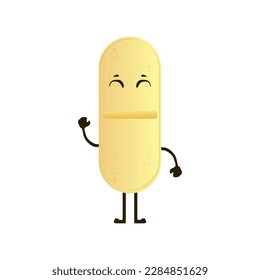 A generic tablet pill cute character in yellow, kawaii mascot vector illustration in trendy style. Editable graphic resources for many purposes. 