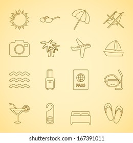 Generic travel and leisure icons set for vacation and holidays of plane ocean palm tree  contour flat isolated vector illustration
