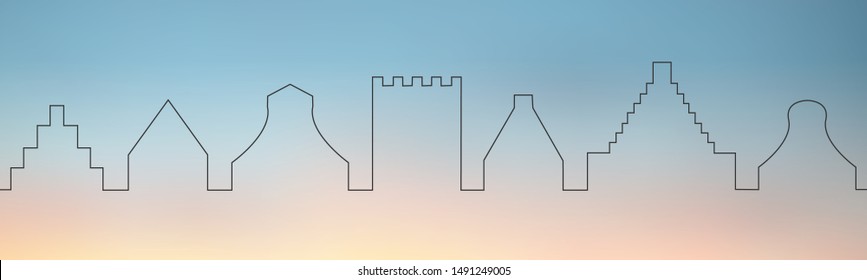 Generic typical traditional old Flemish and Dutch city gables in line drawing on colorful gradient mesh background. Vector, eps 10