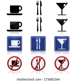 Generic vector icons for a bar and restaurant, with a cup, fork and knife and a cocktail glass
