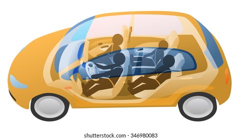 generic vehicle and driver, passengers, vector illustration