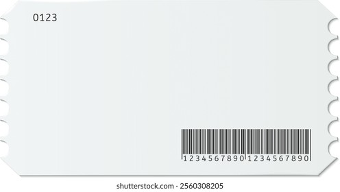 Generic white ticket with barcode and serrated edge, ready for customization and use in various ticketing applications, providing a versatile template for event access and management