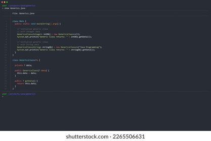Generics Example Code with Java Programming Language. Hello World Example Code. Learn to Code Concept. Vector Illustration. Java Online Education. 