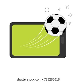 Genering tablet PC gadget. Tab with blank screen. Soccer ball flying from touch screen. Star shining speed shape. Green grass field. Flat design. White background. Isolated. Vector illustration